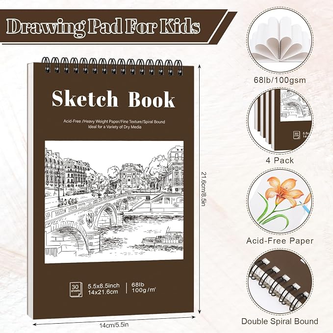 4 Pack Small Sketch Books, 5.5 x 8.5 Inch Mini Sketchbook, 68lb/100gsm Spiral - Image 2