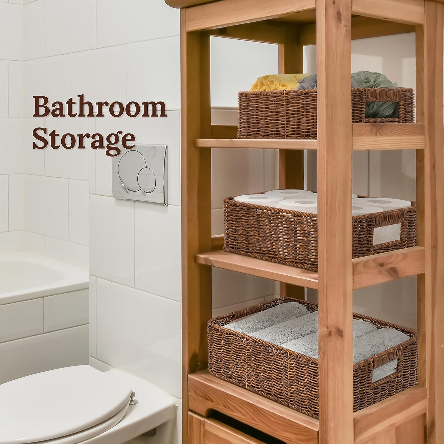 Baskets for Organizing, Undershelf Wicker Storage, Hand Woven Organizer for Closet Organization, Rectangular, Set of 3, Toffee