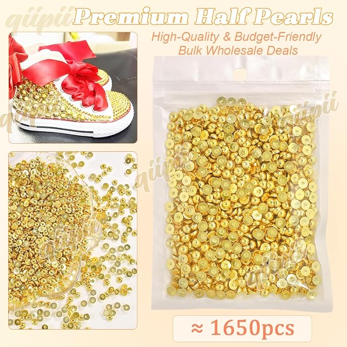 qiipii 1650PCS 5mm Shiny Gold Round Half Round Pearls - Image 2