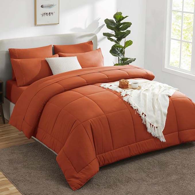 CozyLux Full Size Comforter Sets Terracotta, 7 Pieces Bed in a Bag, Burnt - Image 8