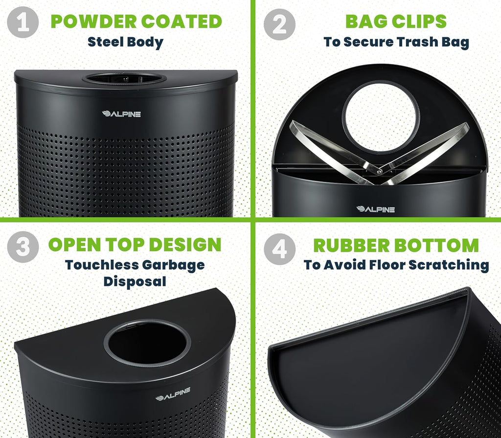 Alpine Half Round Trash Can Open Top - Modern Black Metal 12 Gallon, Space Saving Indoor Commercial Trash Can, Narrow Garbage Can for Bathroom, Office, Lobby and Business.