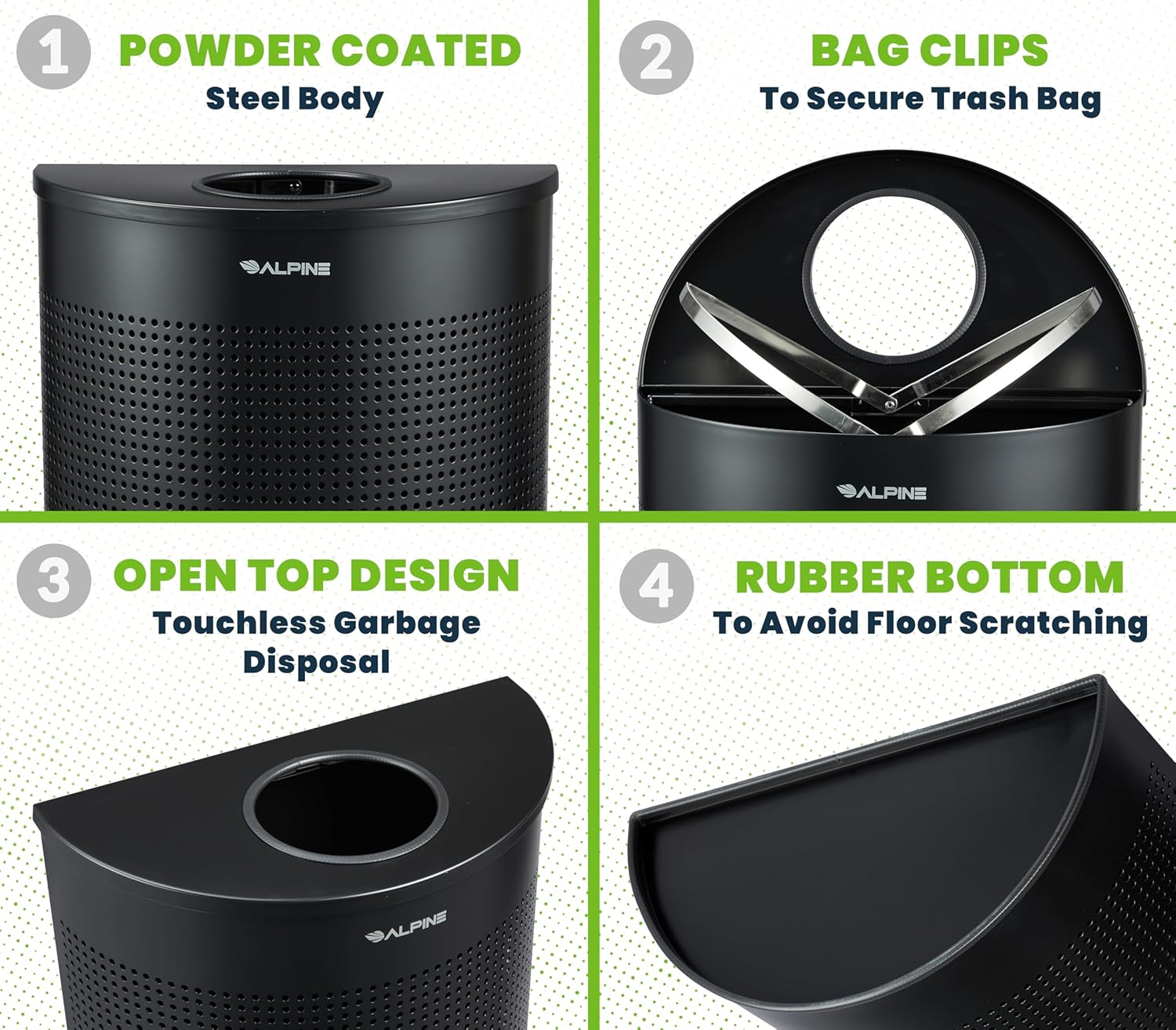 Alpine Half Round Trash Can Open Top - Modern Black Metal 12 Gallon, Space Saving Indoor Commercial Trash Can, Narrow Garbage Can for Bathroom, Office, Lobby and Business.