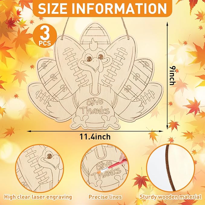 Paintable Thanksgiving Ornaments 3 Sets, Wooden Football Turkey Ornaments to - Image 2