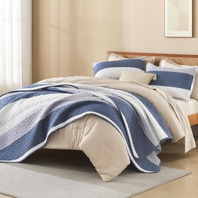 Litanika Quilt Queen Size Mineral Blue, Stripe Patchwork Summer Bedspread - Image 4
