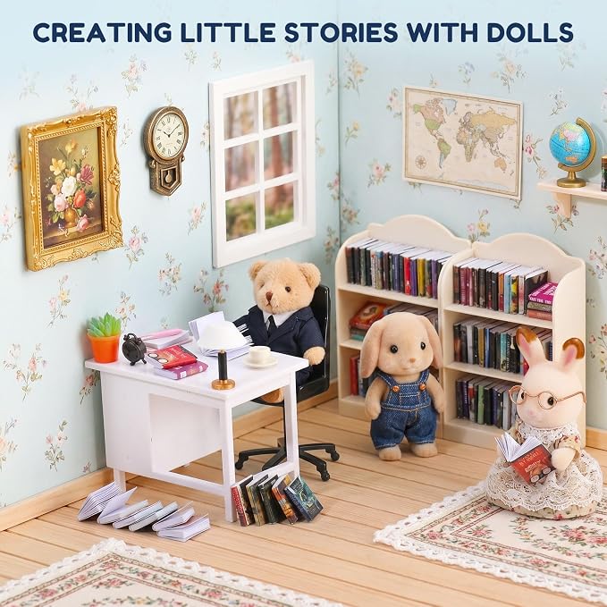 1:12 Scale Mini Desk Set with 100 Mini Books & 2 Bookshelves — Miniature - Image 6