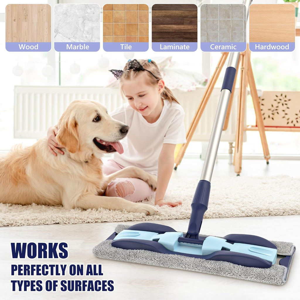 MEXERRIS Microfiber Floor Mop for Hardwood Laminate Tile Floor Cleaning: Stainless Steel Handle - 4 Reusable Flat Mop Refills and 1 Dirt Removal Scrubber Included - Dry Dust Mop Commercial Home Use