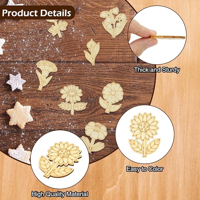 100 pcs Mixed Styles Cute Flower Theme Unfinished Wooden Cutout Charms - Image 3