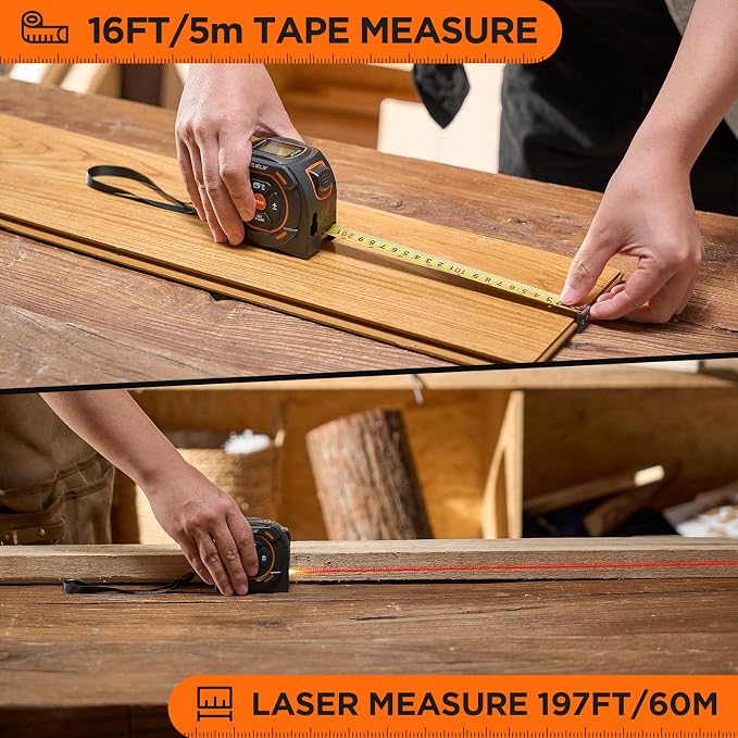 Laser Tape Measure 2-in-1, 197Ft Laser & 16Ft Digital Tape Measure | LCD Display - Image 2
