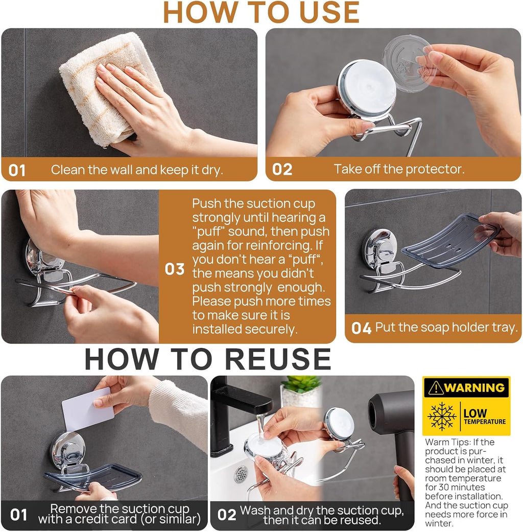 LEVERLOC Chrome Suction Cup Soap Dish Holder for Shower Wall Drill-Free Rustproof Waterproof Wall Mount Strong Suction Removable Bar Soap Sponge Holder for Bathroom Bathtub Kitchen