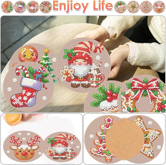 ijbnhd 8 Pcs Christmas Diamond Painting Coasters Kits Diamond Art Coasters | - Image 2