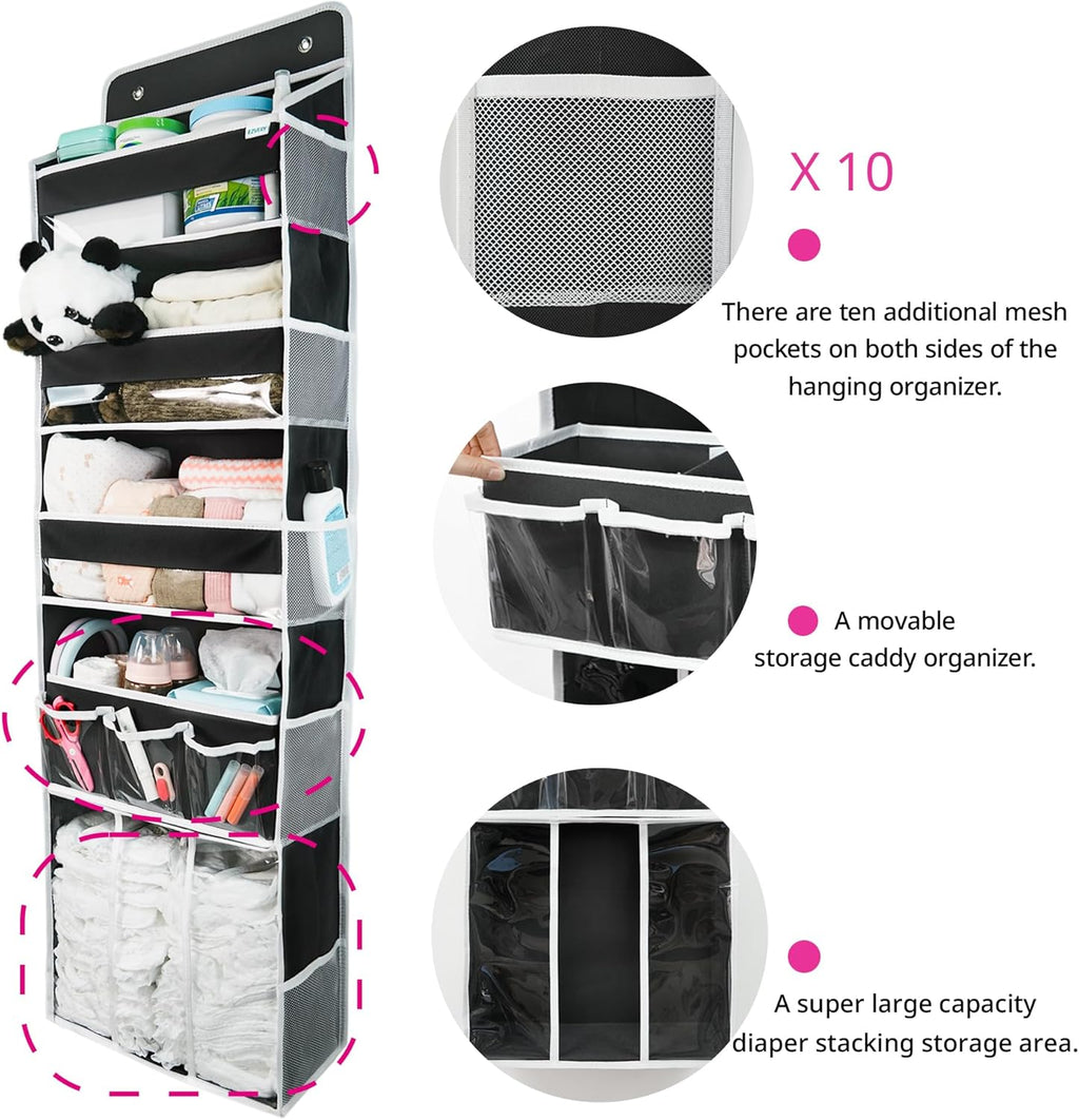 Door Hanging Storage Organizer,with 3 Bins 1 Movable Baby Diaper Caddy,1 Large capacity diaper stacking storage Organizer,10 Side Pockets ,Bedroom Door Storage for Nursery Baby Essentials. (Dark grey)