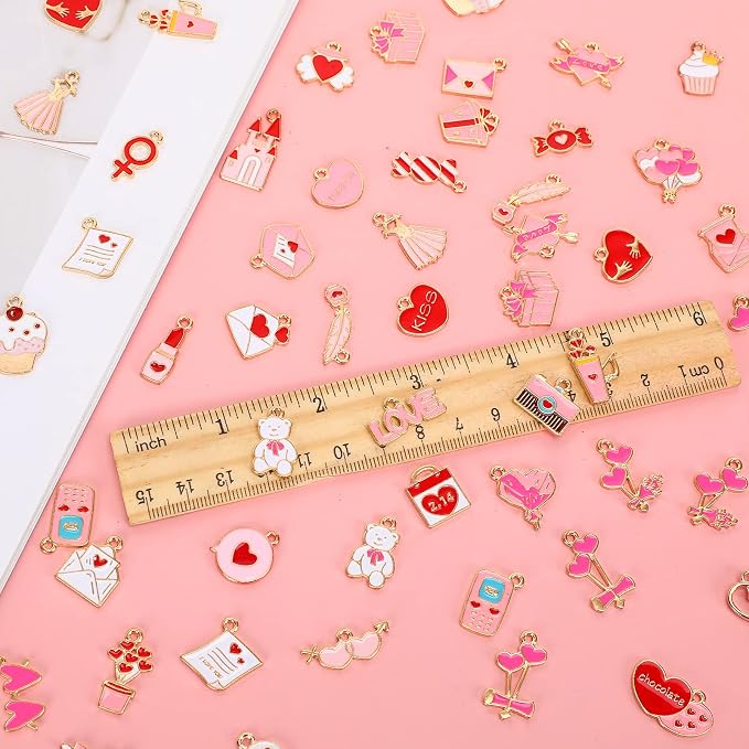 SANNIX 110Pcs Valentine's Day Charms Gold Enamel Jewelry Making Charm Pink - Image 2
