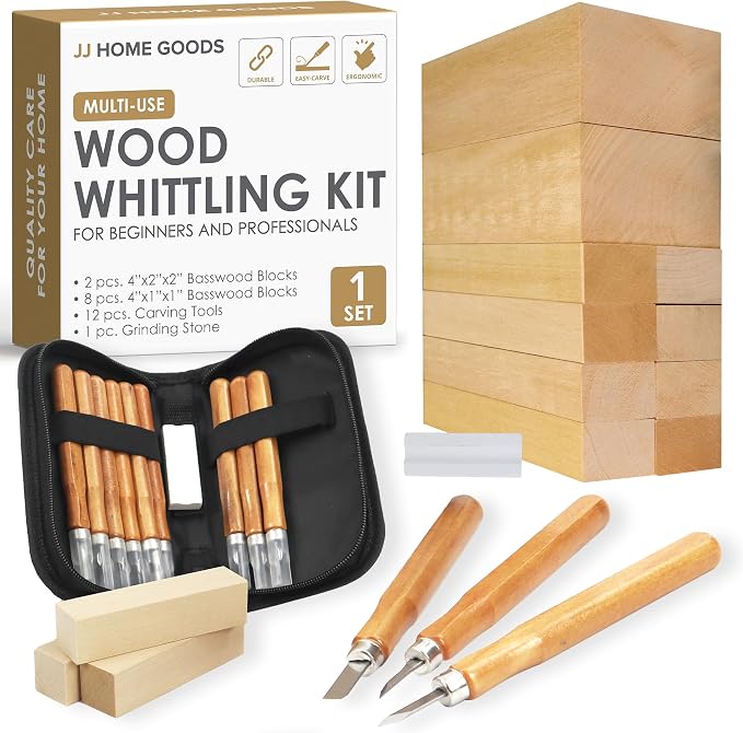 JJ CARE Wood Carving Kit, 10 Basswood Blocks, 1 Grinding Stone & Storage Case by JJCARE