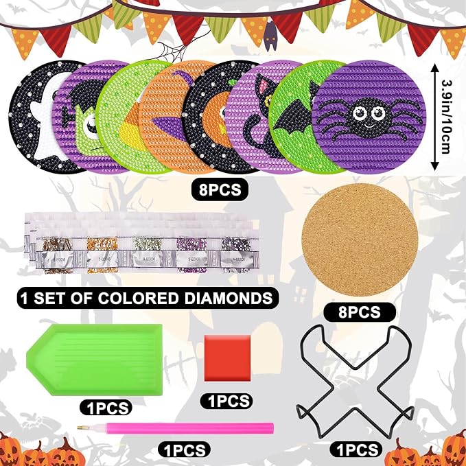 UPINS 8Pcs Halloween Diamond Art Painting Coasters Kits - Image 2