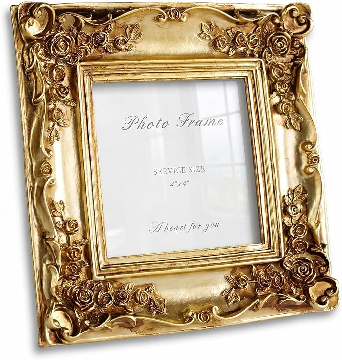 Cuspin 4x4 Gold Picture Frame Square, Vintage Ornate Resin Photo Frame by Cuspin