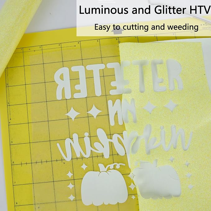 HTVVETUR Glitter Yellow Heat Transfer Vinyl, Glow in The Dark HTV Vinyl Roll - Image 5