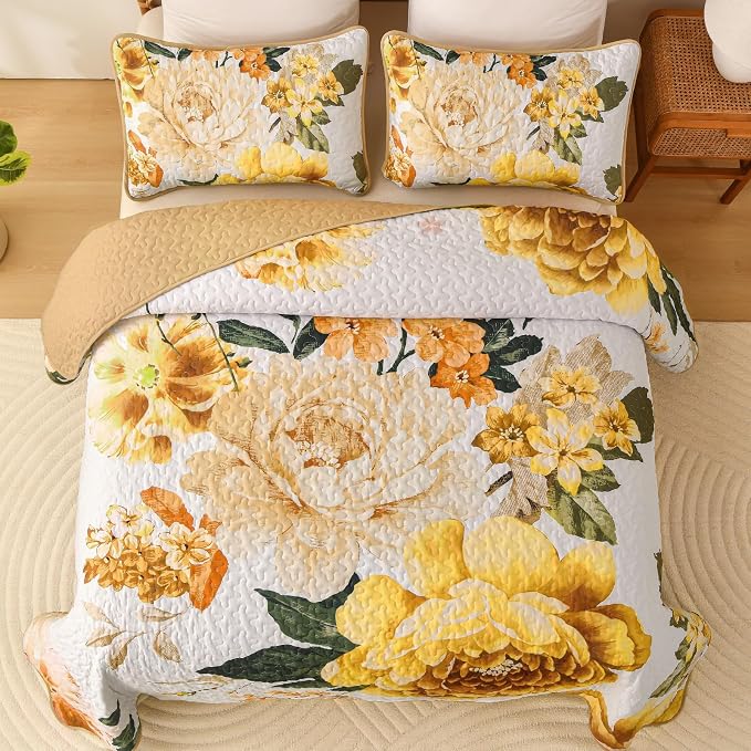 WONGS BEDDING Floral Quilt Set Yellow Queen, Quilted Printed Lightweight - Image 3