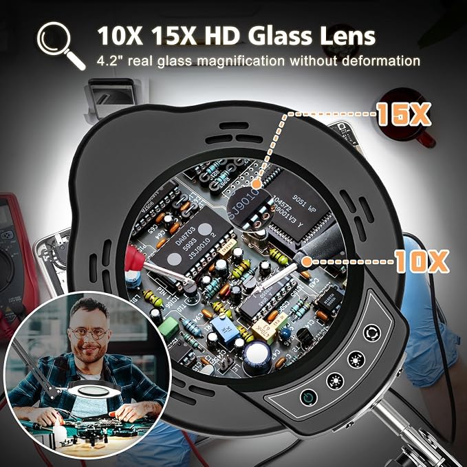 Magnifying Glass with Light and Clamp, 15X 10X Desk Magnifying Lamp, 84 LED - Image 2