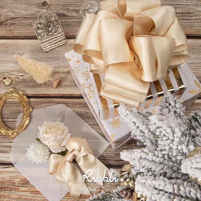 Ribbli Light Champagne Double Faced Satin Wired Ribbon 1.5 Inch Christmas Ribbon - Image 3