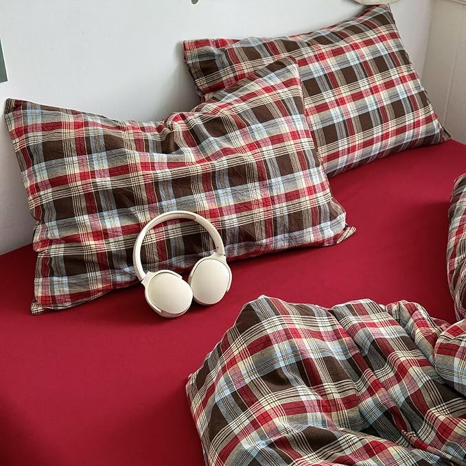 mixinni Vintage Red & Brown Buffalo Plaid Duvet Cover Set Queen Size - Image 6