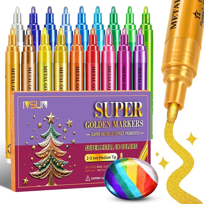 IVSUN Metallic Markers, 18 Colors Glitter Acrylic Gold Paint Pens | Super by IVSUN
