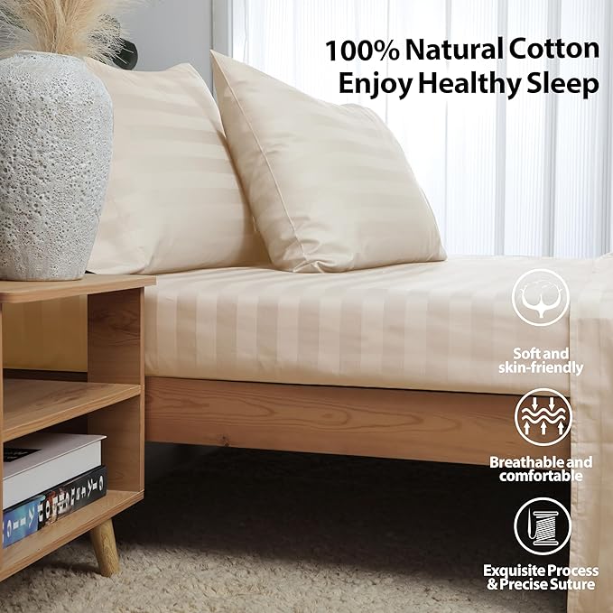King Size Striped Fitted Sheet Only Beige Color, 100% Egyptian Cotton 600 - Image 2