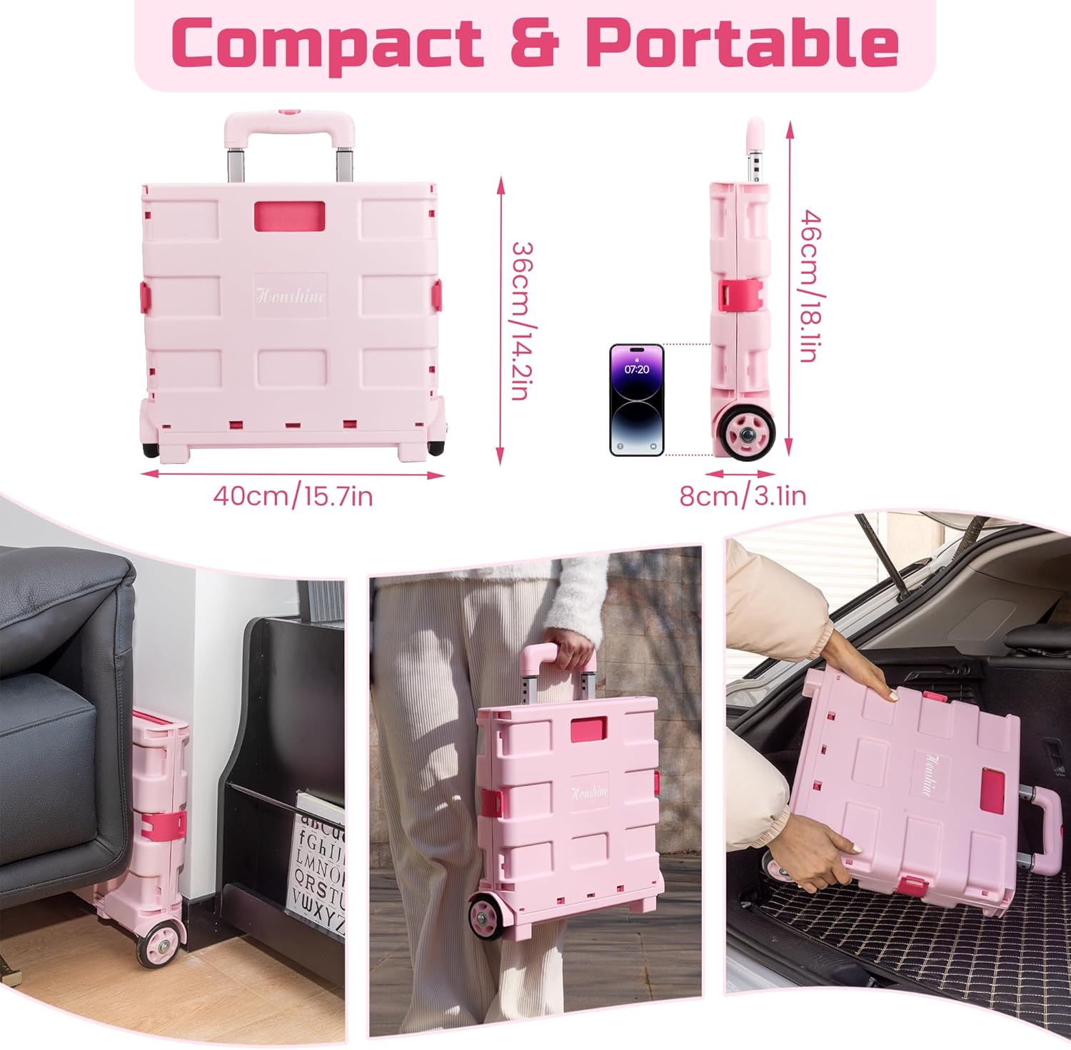 Foldable Rolling Cart on Noiseless Wheels: Portable Utility Cart for Grocery Books File Office (Pink)