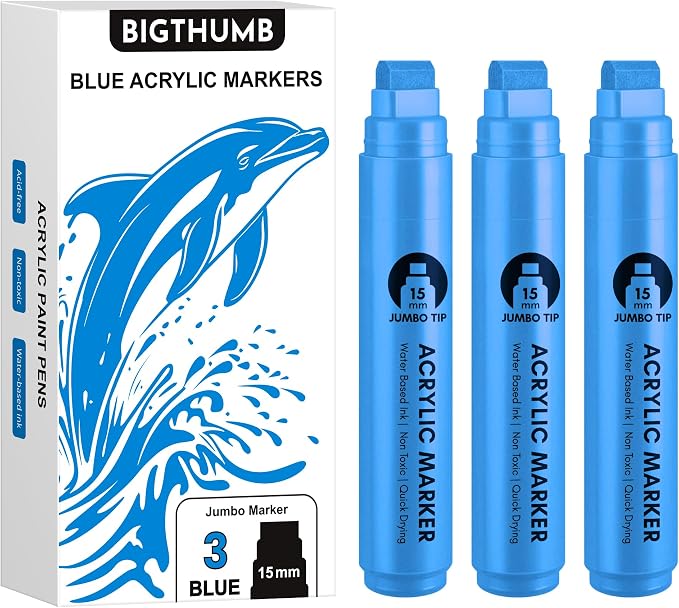 BIGTHUMB 3 Pcs Blue Jumbo Permanent Markers: 15mm Wide Tip Thick Acrylic Paint by BIGTHUMB