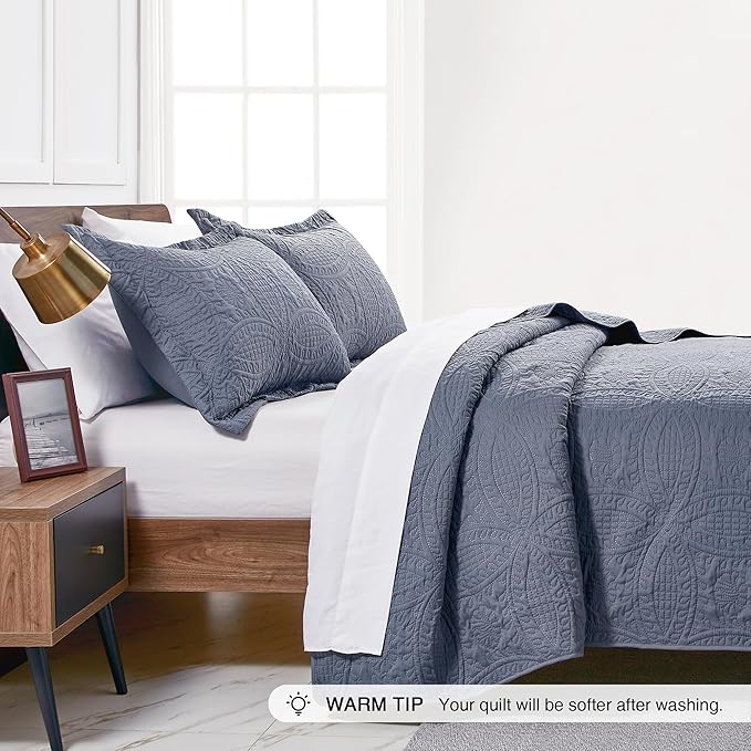Love's cabin California King Size Quilt Set Blue Bedspreads - Image 4
