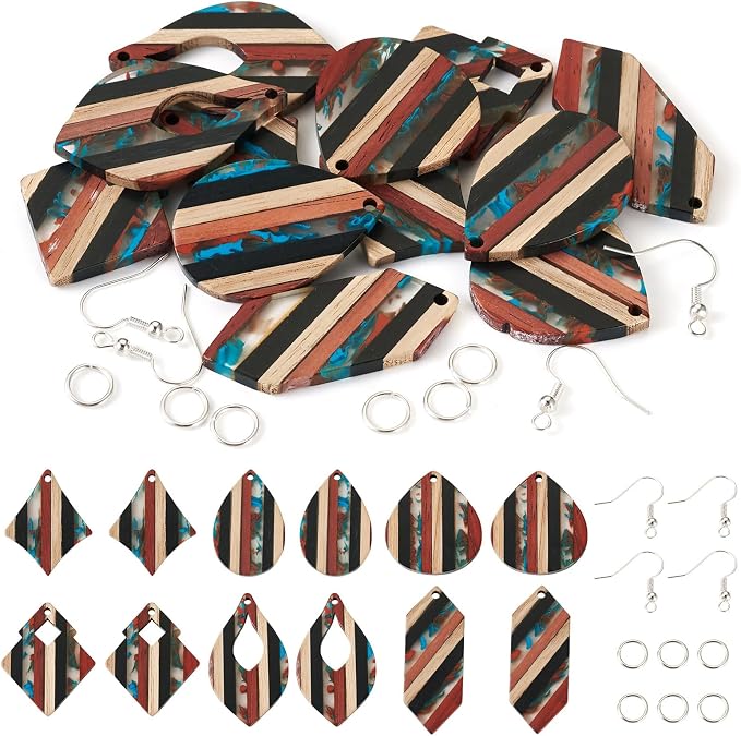FASHEWELRY Striped Resin Wood Earrings Charms Rhombus Teardrop Kite Wooden by FASHEWELRY