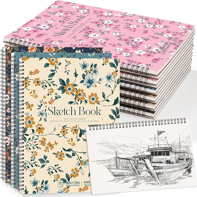 12 Pack Sketch Book, 9 x 12Inch Sketchbook, 68lb/100gsm Top Spiral Bound Sketch by Prudiut