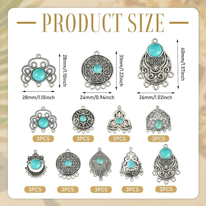 27Pcs Alloy Synthetic Turquoise Chandelier Component Links Charms, Vintage - Image 7