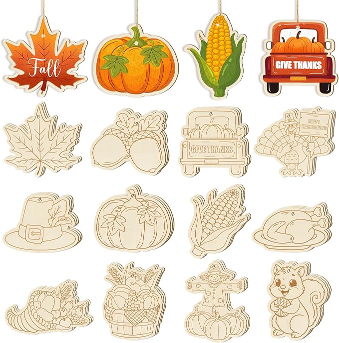 36PCS Wooden Thanksgiving Decoration Fall Ornaments to Paint Happy Thanksgiving by Sophena