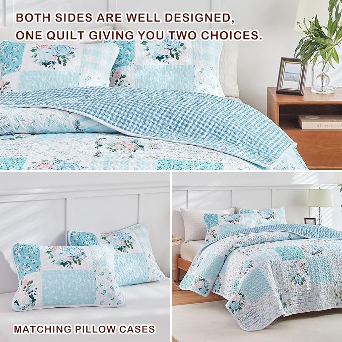 Joyreap 3 Pieces Floral Patchwork Quilt Set Queen, Soft n Cozy Microfiber Quilt - Image 6