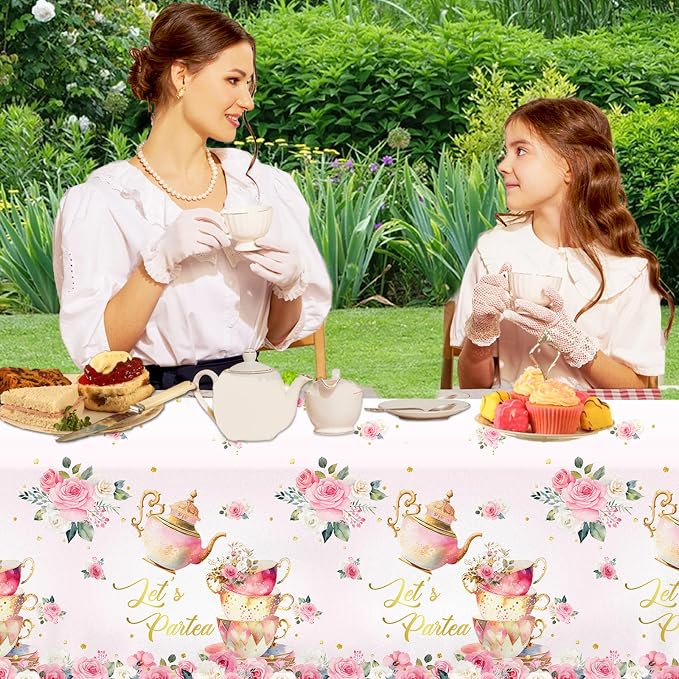 Pink Floral Tea Party Tablecloth, Girls Tea Party Birthday Supplies 3pcs Let's - Image 2
