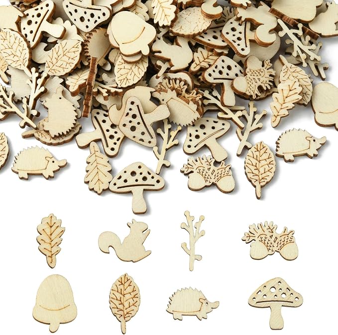 200 Pcs Unfinished Wooden Animal Plants Cutouts Squirrel Hedgehog Leaf Shapes by URURLIFEHALL