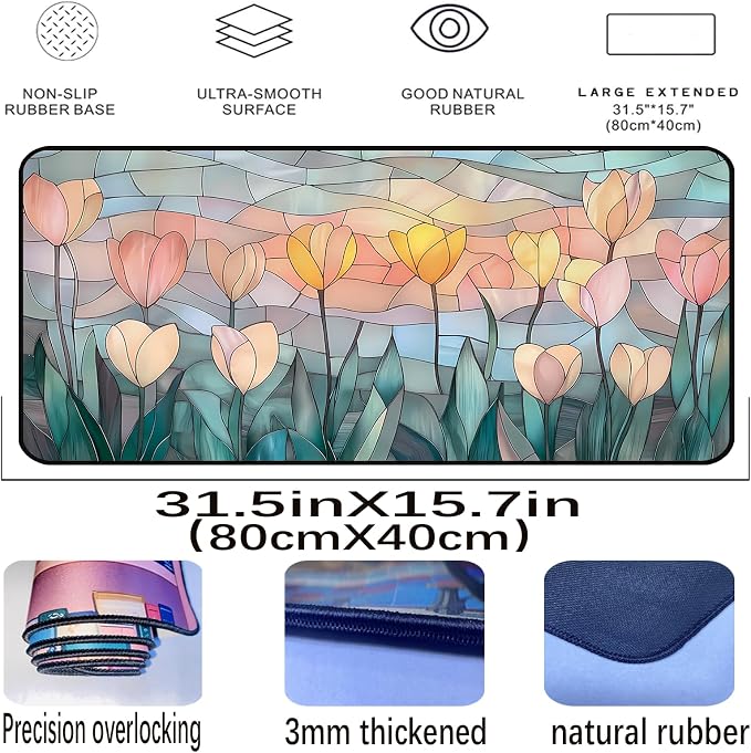 Faux Colorful Glass Desk Mat, Tulip Long Mouse Pad, Large Gaming Computer - Image 2