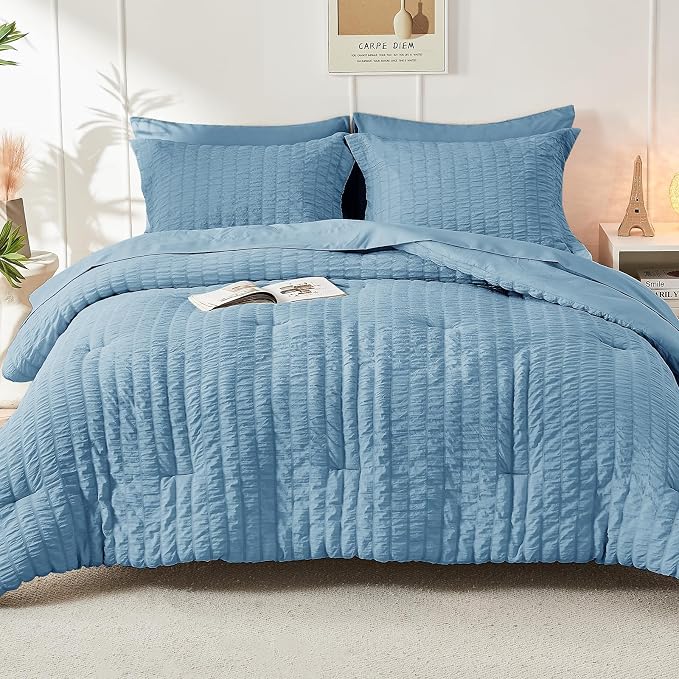 HYMOKEGE Mineral Blue California King Comforter Set Seersucker 7 Pieces - Image 9