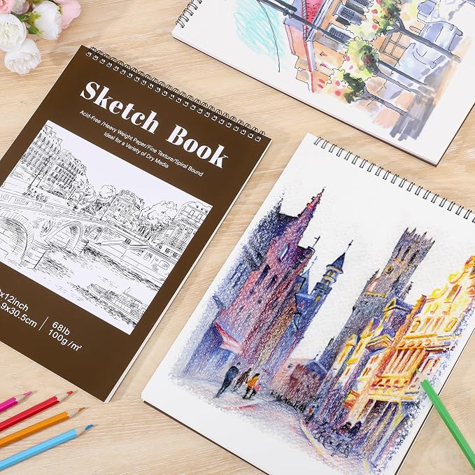 4 Pack Sketch Book, 9 x 12 Inch Sketchbook, 68lb/100gsm Top Spiral Bound Sketch - Image 7