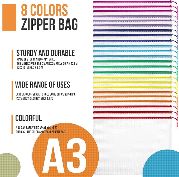 YOPCDJ 24pcs Mesh Zipper Pouch File Bags Puzzle Storage Bags, A3 17x12 Inches - Image 7