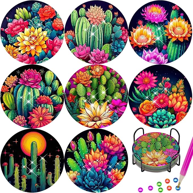 TDOOW Diamond Art Painting Coasters 8 Pcs Colorful Cacti Diamond Art Coasters by TDOOW