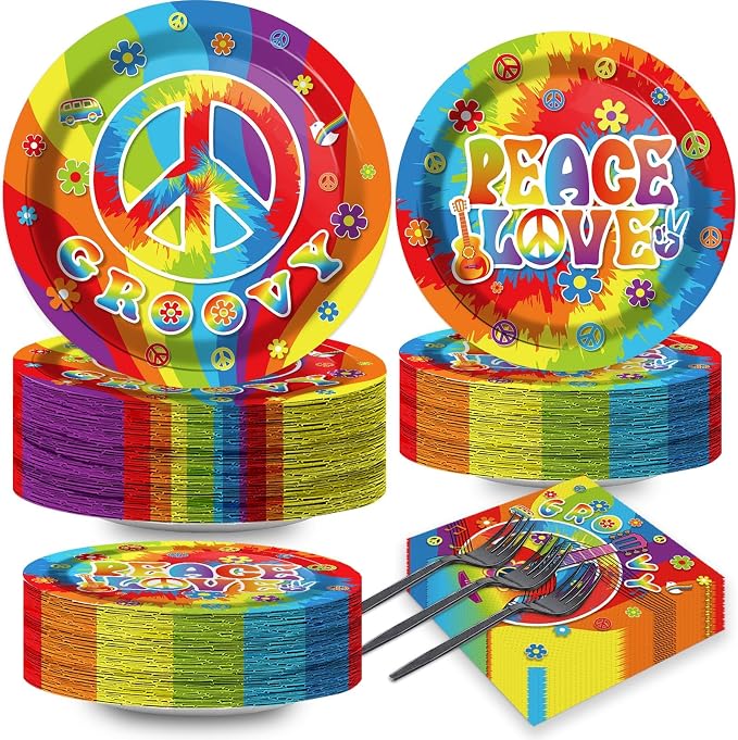 200pcs 60's Hippie Party Plates Napkins Groovy Paper Tableware Set Tie Dye Cake by Naozinebi