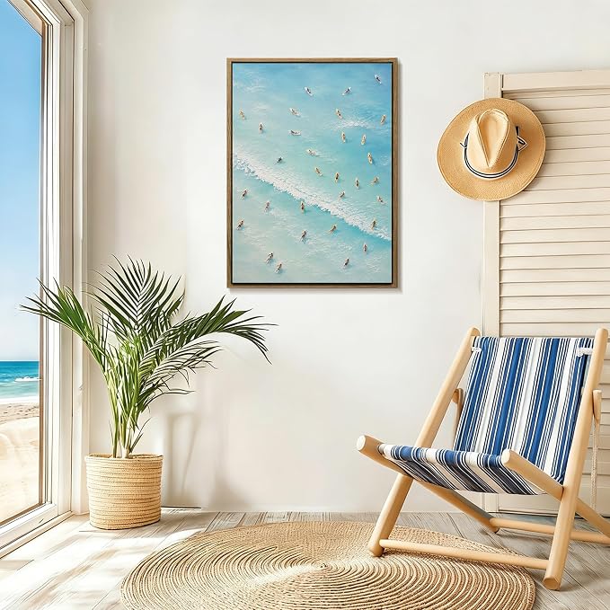 Aerial View Surfers Ocean Canvas Wall Art Print Turquoise Blue Coastal - Image 3