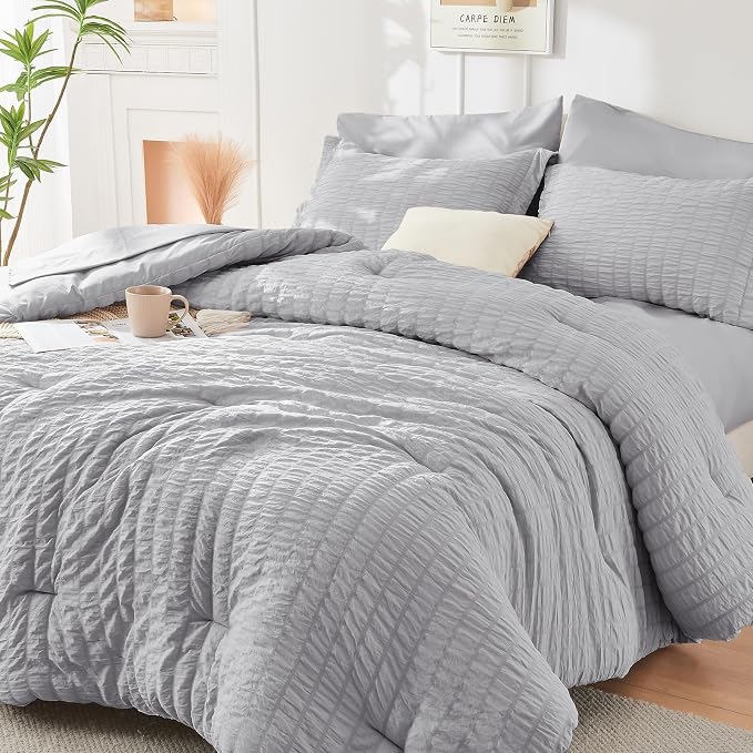 HYMOKEGE Light Grey King Size Comforter Set Seersucker 7 Pieces, All Season by HYMOKEGE