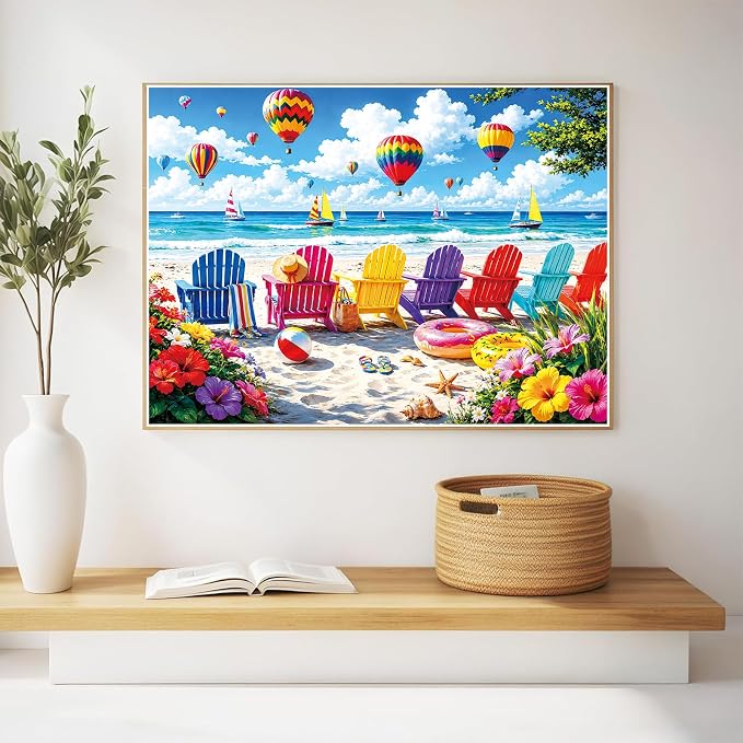 500 Piece Jigsaw Puzzle for Adults – Colorful Beach Chairs and Hot Air Balloons - Image 7