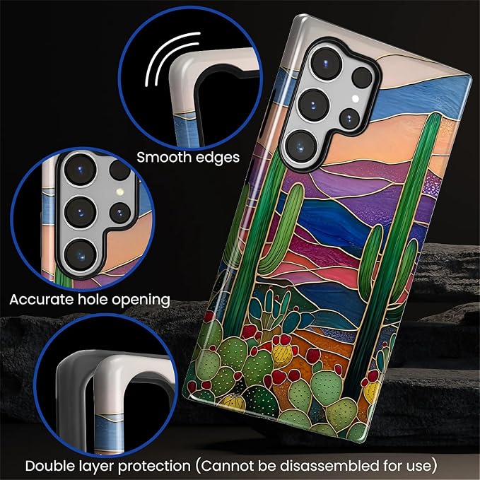 for Samsung Galaxy S23 Ultra Case, Stained Glass Cactus Pattern Glossy 2 in 1 - Image 4