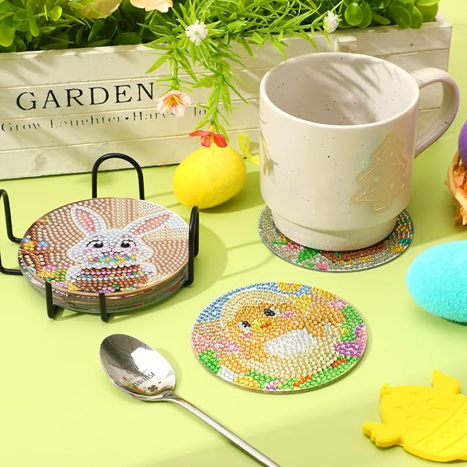 UPINS 8 Pieces Easter Diamond Art Coasters, Bunnies Diamond Art Coaster - Image 4