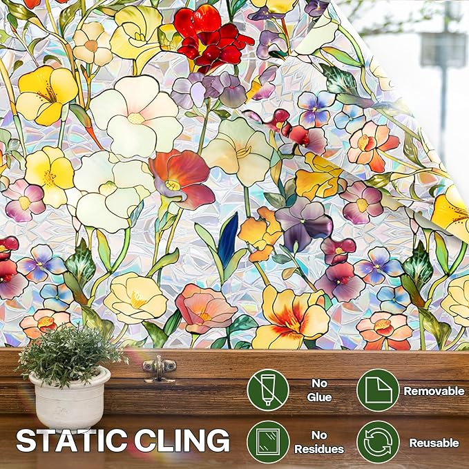 Stained Glass Window Film UV Resistant Window Privacy Film Colorful Floral - Image 6