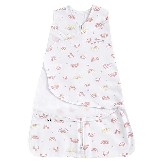 HALO 100% Cotton Sleepsack Swaddle, 3-Way Adjustable Wearable Blanket, TOG 1.5, Sunshine Rainbows, Small, 3-6 Months