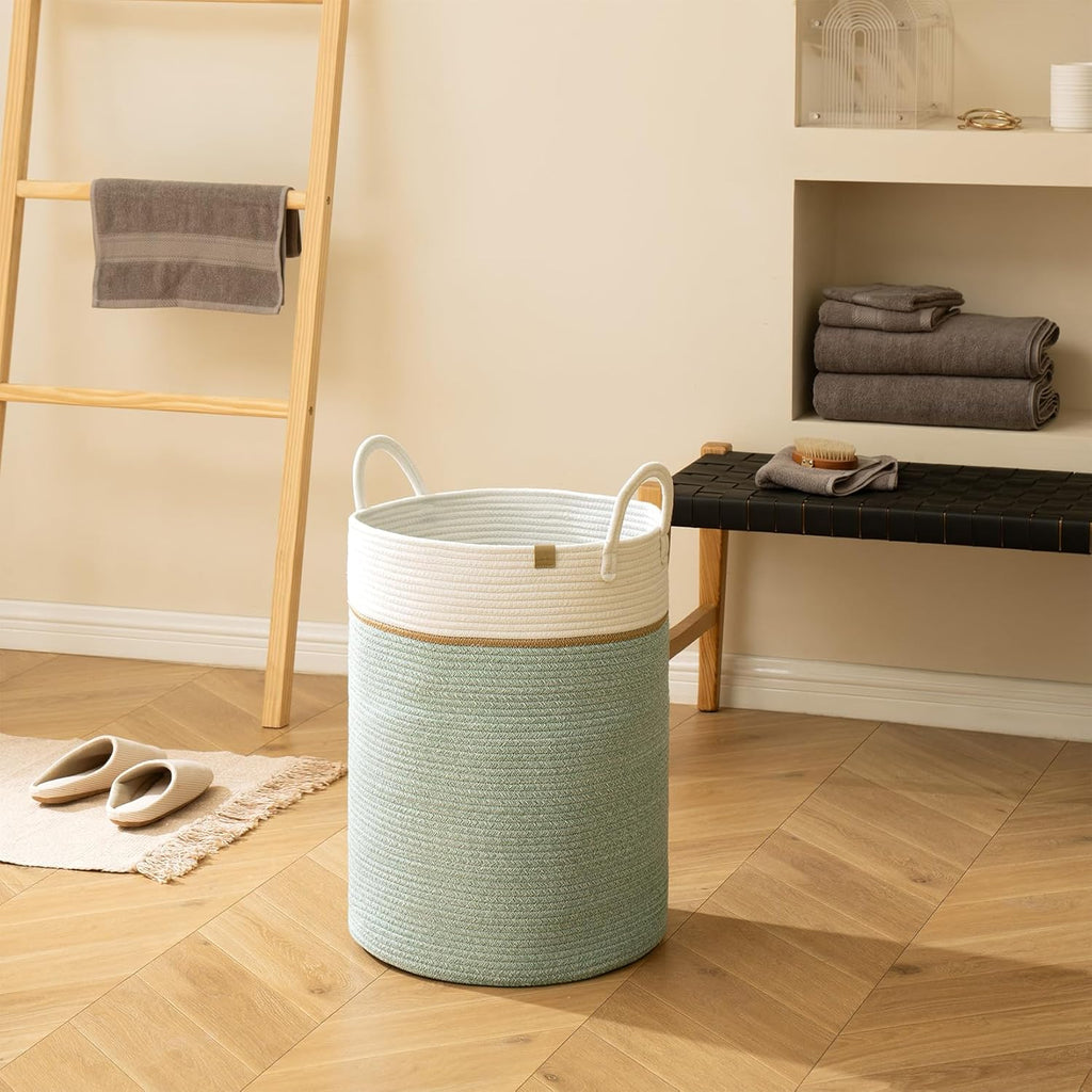 LA JOLIE MUSE Woven Basket Rope Storage Baskets - Tall Cotton Basket, Laundry Basket for Blanket, Kids Toy, Nursery Clothes Hamper Basket, Ivy Green, 72 Liter